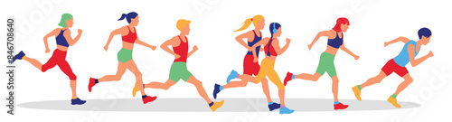 Set of colorful bright cartoon characters, running people. Healthy lifestyle. Lose weight. Sports, running, training, jogging, marathon, city competitions, marathons, cardio training, physical exercis