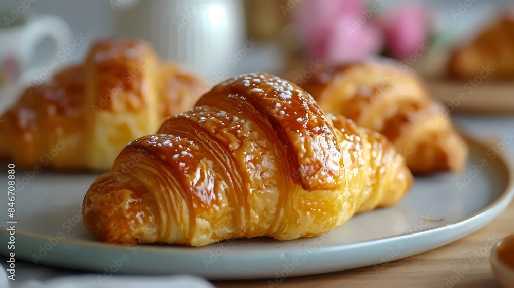 A croissant is on a plate with a white tablecloth