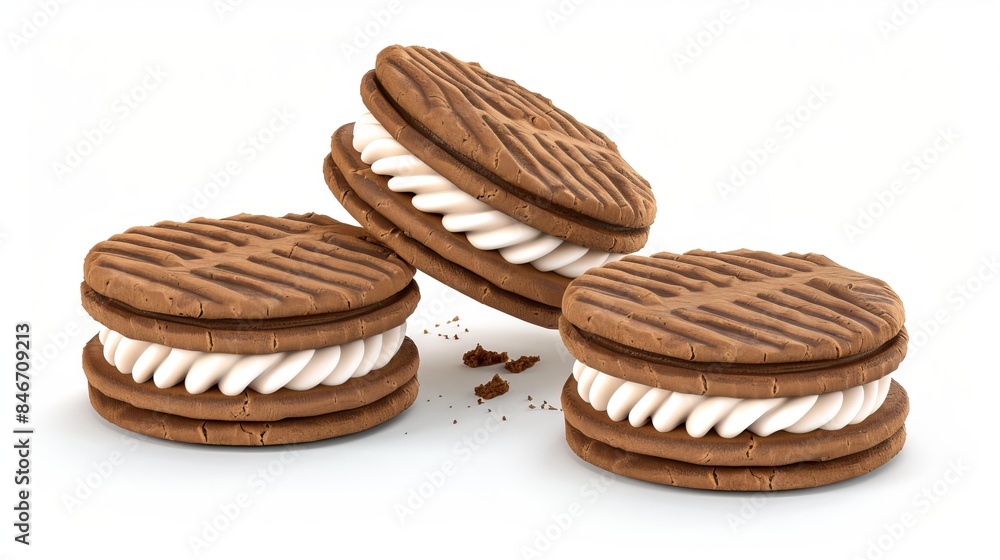 Sandwich cookies with cream filling, presented in 3D and isolated on a white background Sandwich cookies with cream filling, presented in 3D and isolated on a white background