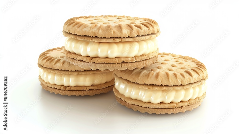 Sandwich cookies with cream filling, presented in 3D and isolated on a white background Sandwich cookies with cream filling, presented in 3D and isolated on a white background