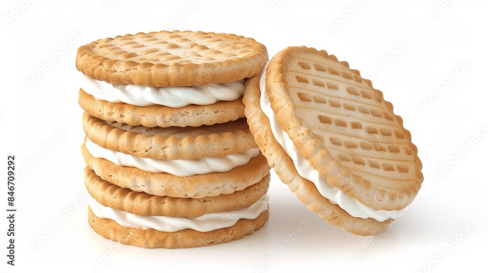 Sandwich cookies with cream filling, presented in 3D and isolated on a white background Sandwich cookies with cream filling, presented in 3D and isolated on a white background