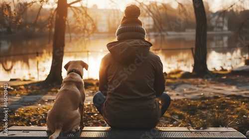 A person and their dog are sitting on a bench in a park. The sun is setting, and the sky is a warm, golden color. photo