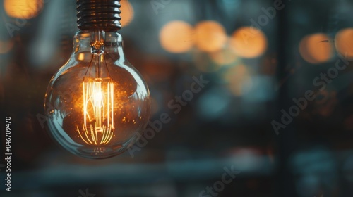 Close-up of a light bulb with a filament glowing brightly, symbolizing creativity, innovation, and inspiration.
