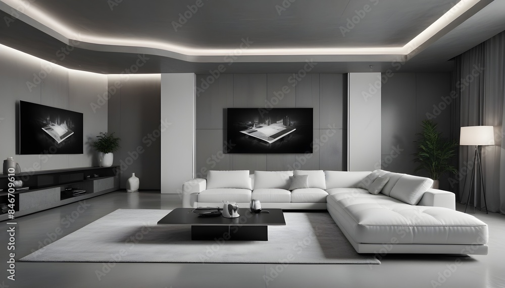 High end modern living room with white leather couch and a large flat screen tv mounted on the wall, brutalist architecture mixed with modern futuristic minimal design High end modern living room with white leather couch and a large flat screen tv mounted on the wall, brutalist architecture mixed with modern futuristic minimal design