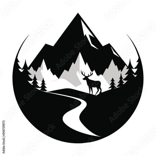Mountains and deer vector. Nature landscape travel sketch vector illustration
