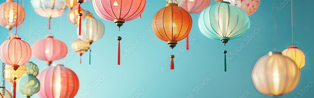 Obraz premium Colorful Eid Lanterns Floating on Pastel Sky