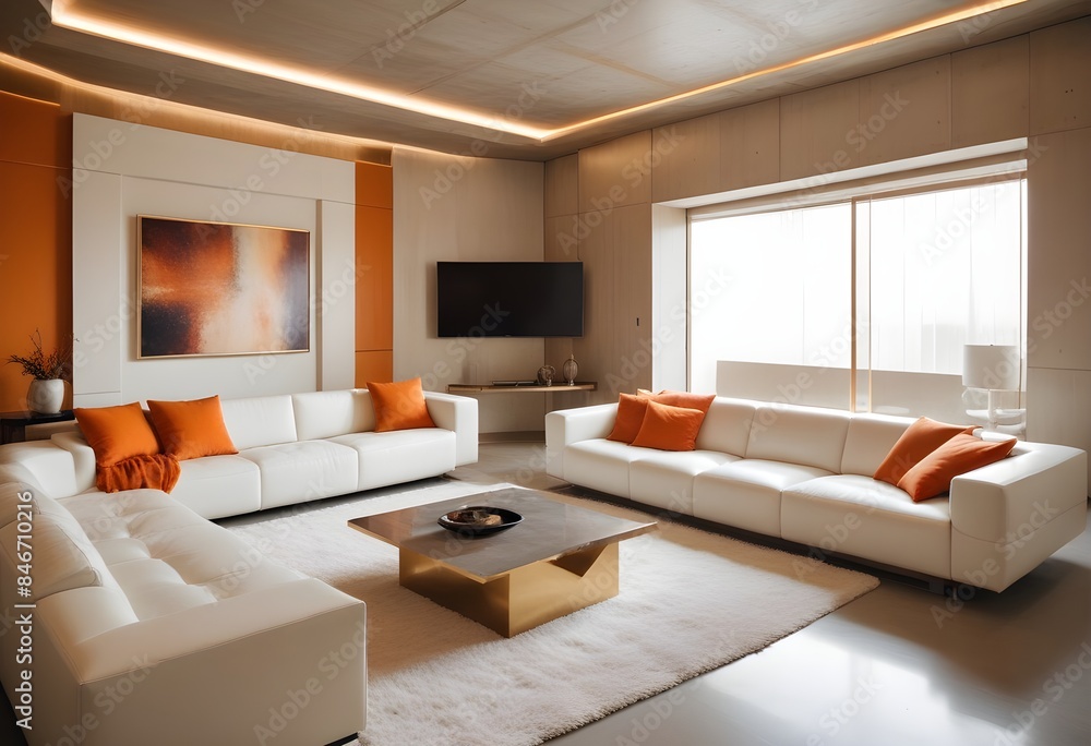 High end modern living room with white leather couch and a large flat screen tv mounted on the wall, brutalist architecture mixed with modern futuristic minimal design