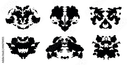 Rorschach inkblot test black silhouettes set. Symmetrical ink stain, psychology tests silhouettes