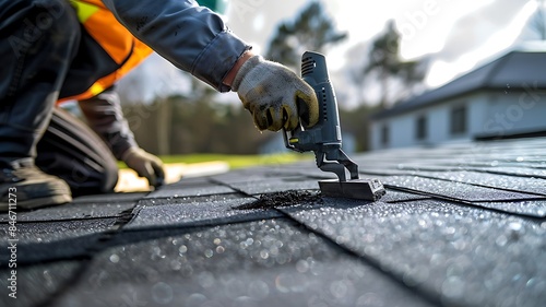 A professional roofing contractor carefully using an air nail gun to place new asphalt bitumen shingles on a home's roof photo