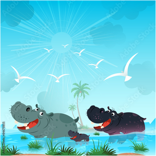 A Hippopotamus Swimming on the Wild animals of Africa. Vector Landscape