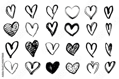 Grunge hearts icons. scribble ink grunge heart shapes icons drawn with markers and crayons set