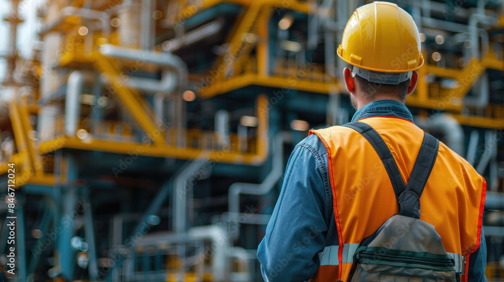 A man in a yellow and orange safety vest stands in front of a large industrial building. He is wearing a hard hat and he is a worker at the facility. Concept of caution and safety A man in a yellow and orange safety vest stands in front of a large industrial building. He is wearing a hard hat and he is a worker at the facility. Concept of caution and safety