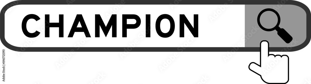 Search banner in word champion with hand over magnifier icon on white background Search banner in word champion with hand over magnifier icon on white background