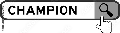 Search banner in word champion with hand over magnifier icon on white background
