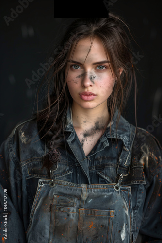 Female Car Mechanic with Soot-Stained Face in Dark Overalls