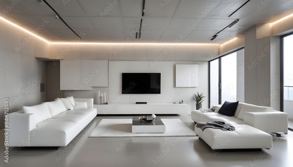 High end modern living room with white leather couch and a large flat screen tv mounted on the wall, brutalist architecture mixed with modern futuristic minimal design High end modern living room with white leather couch and a large flat screen tv mounted on the wall, brutalist architecture mixed with modern futuristic minimal design
