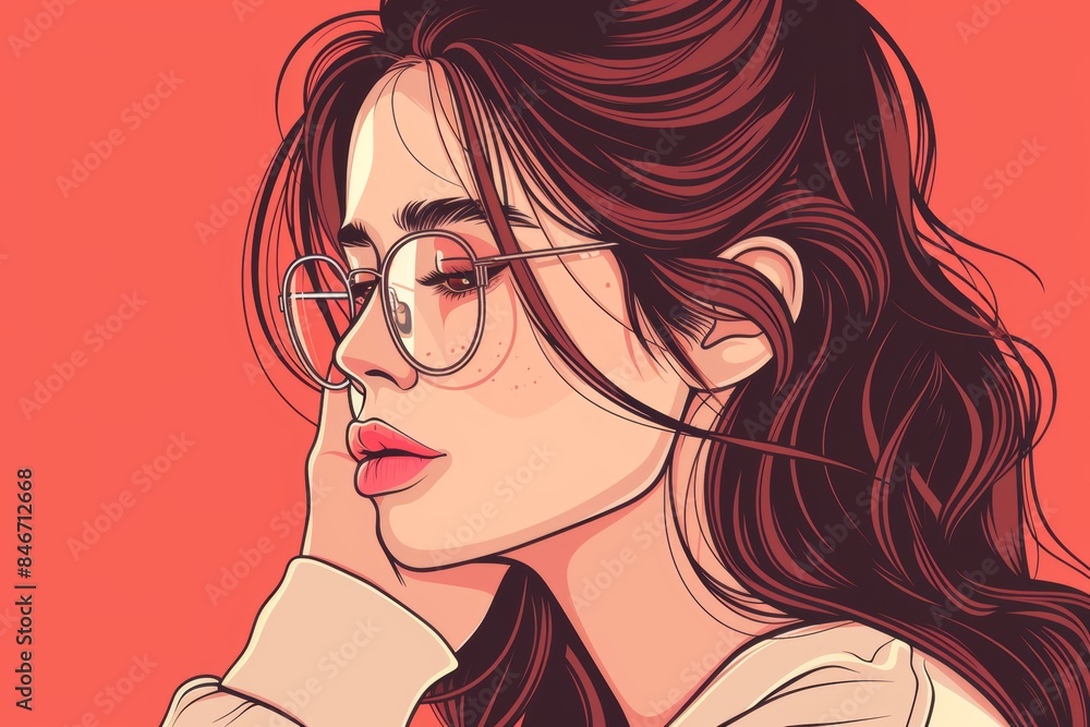 Thoughtful young woman with glasses on red background Thoughtful young woman with glasses on red background