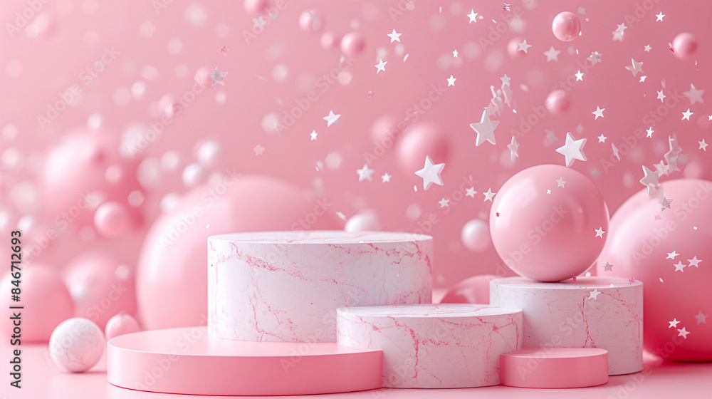 Elegant pink abstract composition with marble podiums, balls, and stars, perfect for product display, celebration, or festive theme backgrounds. Elegant pink abstract composition with marble podiums, balls, and stars, perfect for product display, celebration, or festive theme backgrounds.