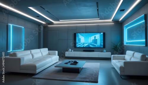 High end modern living room with white leather couch and a large flat screen tv mounted on the wall, brutalist architecture mixed with modern futuristic minimal design