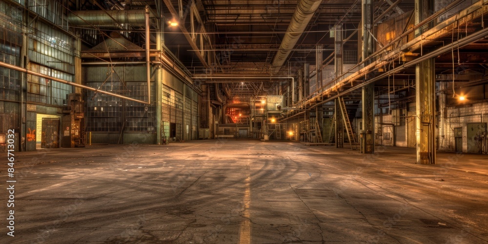 Fototapeta premium Abandoned industrial night scene, capturing the desolate and mysterious atmosphere of the deserted factory. Away from the city, old, historical, nightlights, relieve stress, high definition wallpaper,