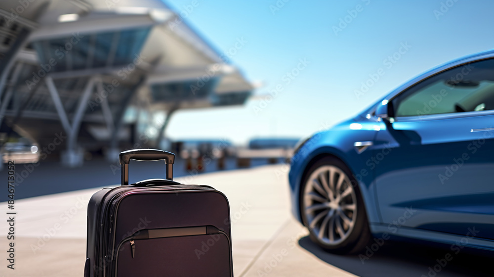 A trolley stands behind a car at the airport, awaiting loading or unloading. A trolley stands behind a car at the airport, awaiting loading or unloading.