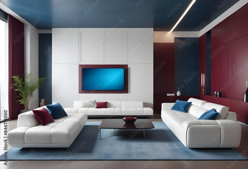 High end modern living room with white leather couch and a large flat screen tv mounted on the wall, brutalist architecture mixed with modern futuristic minimal design High end modern living room with white leather couch and a large flat screen tv mounted on the wall, brutalist architecture mixed with modern futuristic minimal design