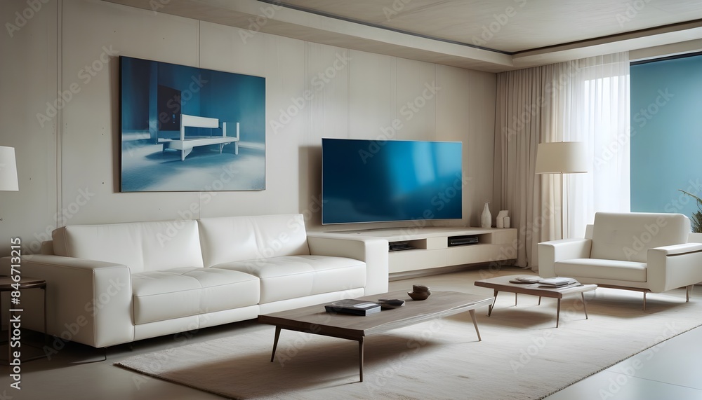 High end modern living room with white leather couch and a large flat screen tv mounted on the wall, brutalist architecture mixed with modern futuristic minimal design High end modern living room with white leather couch and a large flat screen tv mounted on the wall, brutalist architecture mixed with modern futuristic minimal design