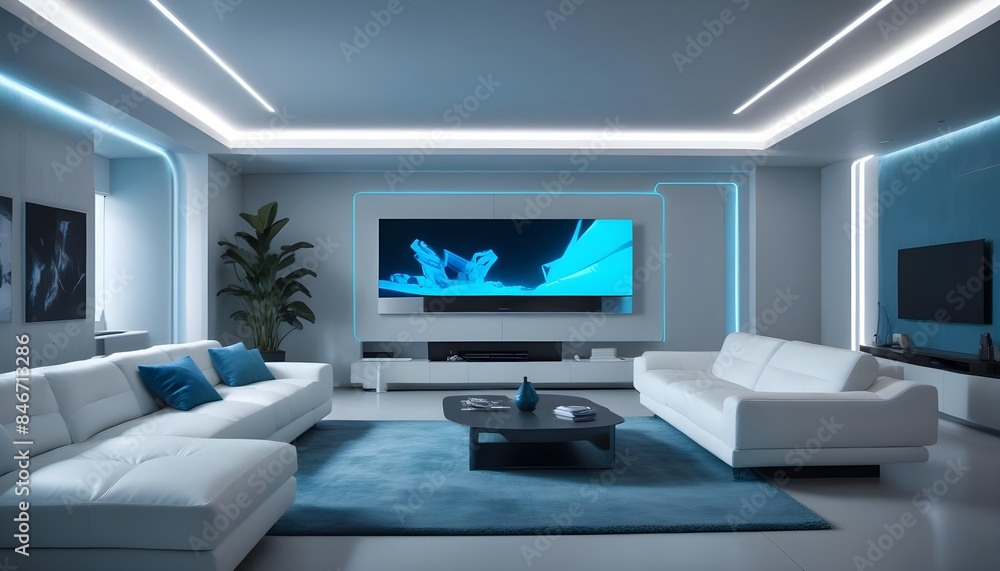 High end modern living room with white leather couch and a large flat screen tv mounted on the wall, brutalist architecture mixed with modern futuristic minimal design High end modern living room with white leather couch and a large flat screen tv mounted on the wall, brutalist architecture mixed with modern futuristic minimal design