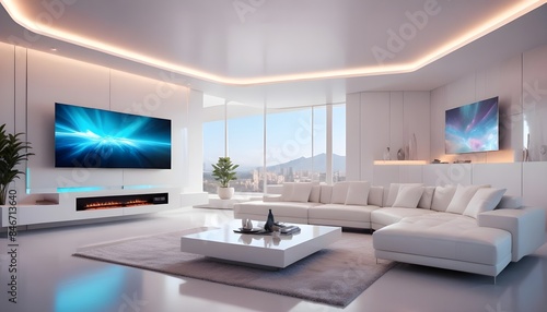 High end modern living room with white leather couch and a large flat screen tv mounted on the wall, brutalist architecture mixed with modern futuristic minimal design