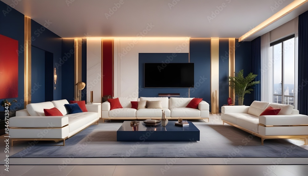 High end modern living room with white leather couch and a large flat screen tv mounted on the wall, brutalist architecture mixed with modern futuristic minimal design High end modern living room with white leather couch and a large flat screen tv mounted on the wall, brutalist architecture mixed with modern futuristic minimal design