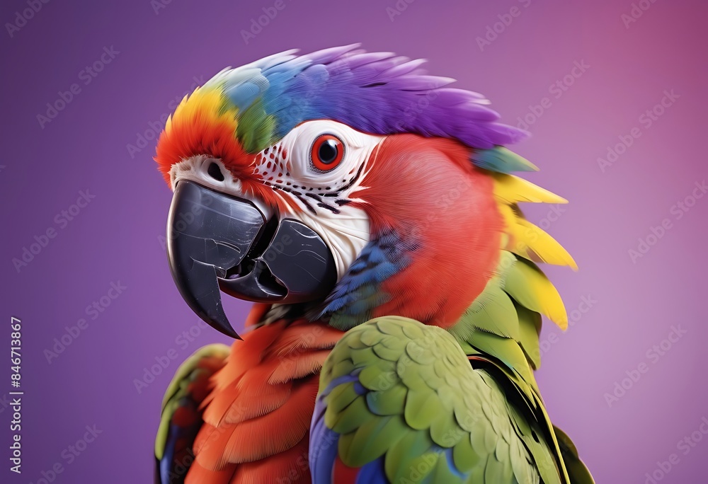 Create a professional, 4K Ultra HD image of a vibrant, multicolored parrot with a detailed red beak against a soft-focus purple background, embodying the essence of tropical wildlife. Create a professional, 4K Ultra HD image of a vibrant, multicolored parrot with a detailed red beak against a soft-focus purple background, embodying the essence of tropical wildlife.