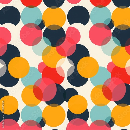 Colorful abstract pattern with overlapping circles in shades of red, yellow, blue, and pink on a white background. Seamless pattern for design and print, pattern minimalist background photo