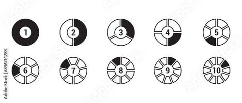 Hollow circle divided into 1-10 parts icon set in black and white color with outline. pie chart shape section Hollow circle segment diagram graph icon chart in black on white background