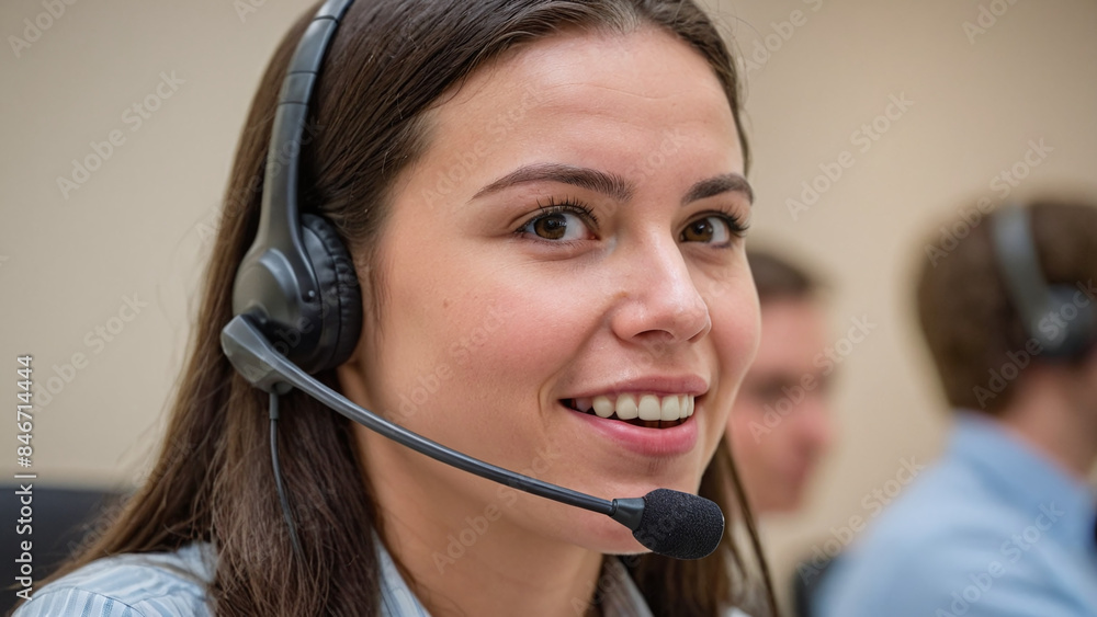 White female call center operator talking to a customer via headset White female call center operator talking to a customer via headset