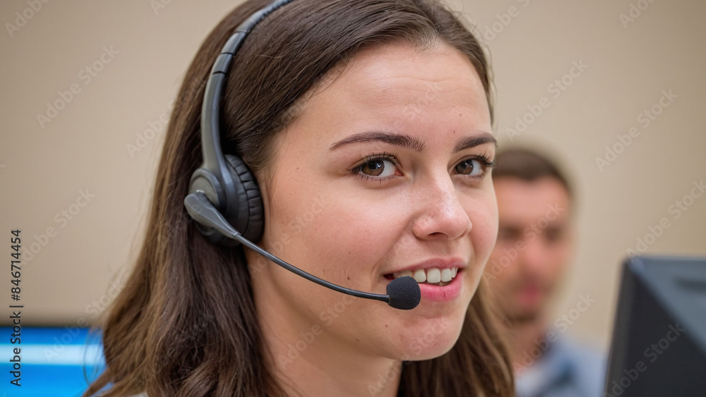 White female call center operator talking to a customer via headset White female call center operator talking to a customer via headset