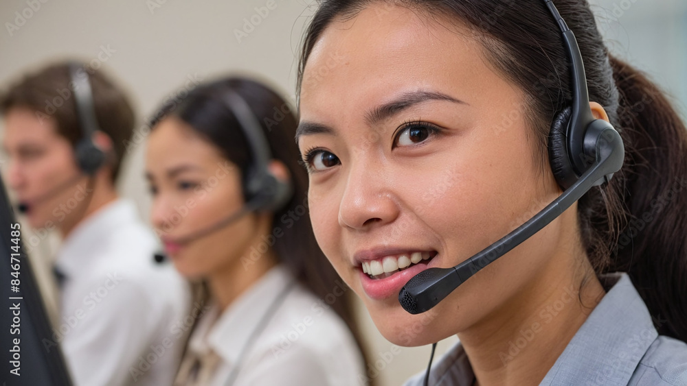 Asian female call center operator talking to a customer via headset Asian female call center operator talking to a customer via headset