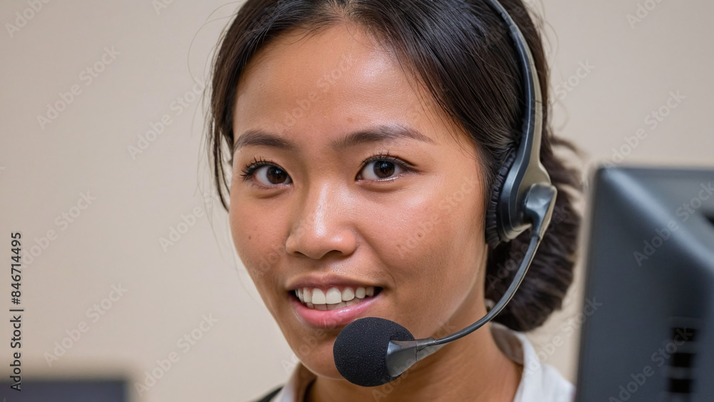 Asian female call center operator talking to a customer via headset Asian female call center operator talking to a customer via headset