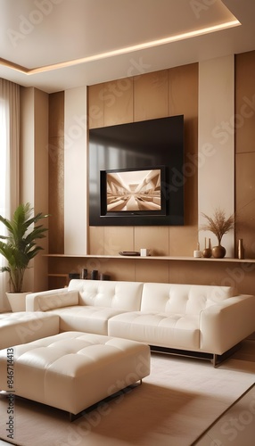Wallpaper Mural High end modern living room with white leather couch and a large flat screen tv mounted on the wall, brutalist architecture mixed with modern futuristic minimal design Torontodigital.ca