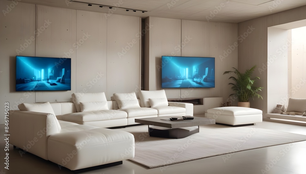 High end modern living room with white leather couch and a large flat screen tv mounted on the wall, brutalist architecture mixed with modern futuristic minimal design High end modern living room with white leather couch and a large flat screen tv mounted on the wall, brutalist architecture mixed with modern futuristic minimal design