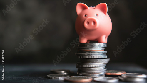 Business concept. The piggy bank sits on a pile of silver coins. Businessman organizes Cash income increase and financial investment. Manager who evaluates company profits in different sectors.