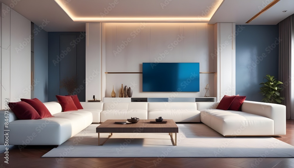 High end modern living room with white leather couch and a large flat screen tv mounted on the wall, brutalist architecture mixed with modern futuristic minimal design High end modern living room with white leather couch and a large flat screen tv mounted on the wall, brutalist architecture mixed with modern futuristic minimal design
