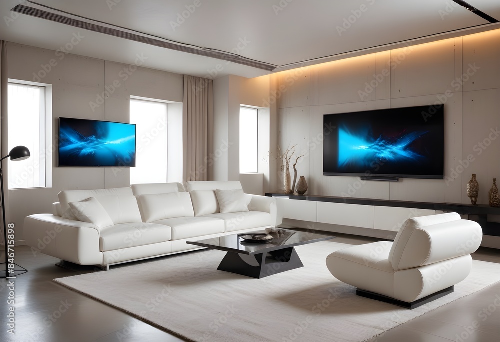 High end modern living room with white leather couch and a large flat screen tv mounted on the wall, brutalist architecture mixed with modern futuristic minimal design High end modern living room with white leather couch and a large flat screen tv mounted on the wall, brutalist architecture mixed with modern futuristic minimal design
