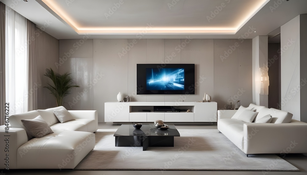 High end modern living room with white leather couch and a large flat screen tv mounted on the wall, brutalist architecture mixed with modern futuristic minimal design High end modern living room with white leather couch and a large flat screen tv mounted on the wall, brutalist architecture mixed with modern futuristic minimal design