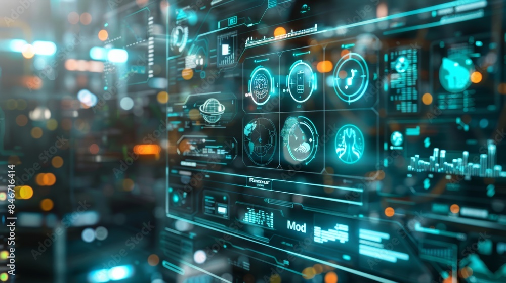 Obraz premium A futuristic looking screen with a bunch of different icons on it, AI