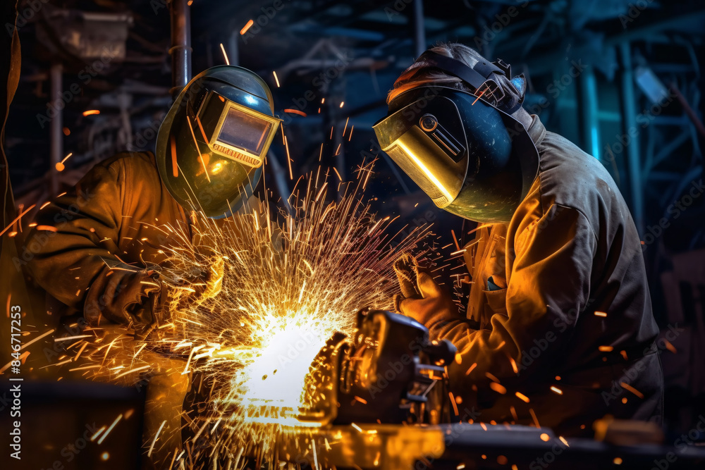 Industrial workers wearing protective masks weld, ensuring safety and precision in heavy industry environments. Industrial workers wearing protective masks weld, ensuring safety and precision in heavy industry environments.