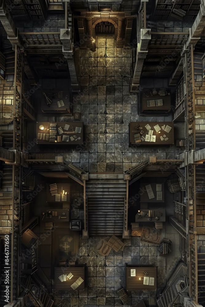 DnD Battlemap Emerald Library Loft - Multi-Tier Bookshelf in Green and Brown. DnD Battlemap Emerald Library Loft - Multi-Tier Bookshelf in Green and Brown.