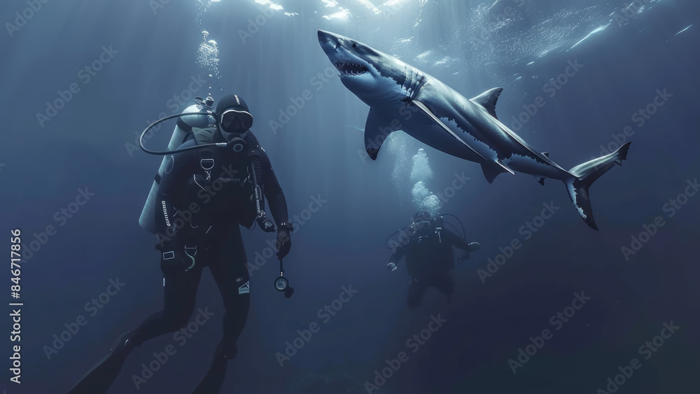 Fototapeta premium Divers Encountering a Shark Underwater