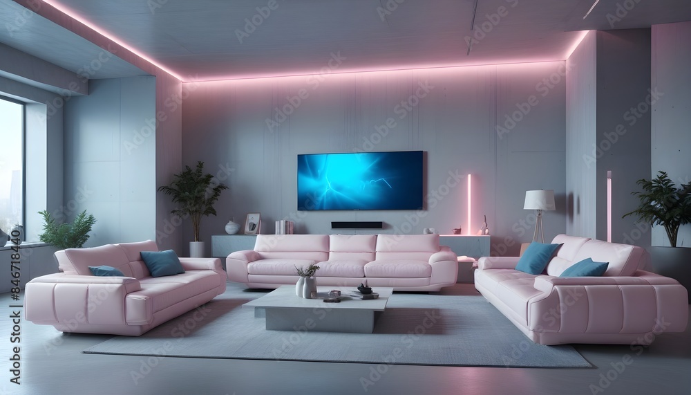 High end modern living room with white leather couch and a large flat screen tv mounted on the wall, brutalist architecture mixed with modern futuristic minimal design High end modern living room with white leather couch and a large flat screen tv mounted on the wall, brutalist architecture mixed with modern futuristic minimal design