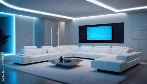 High end modern living room with white leather couch and a large flat screen tv mounted on the wall, brutalist architecture mixed with modern futuristic minimal design