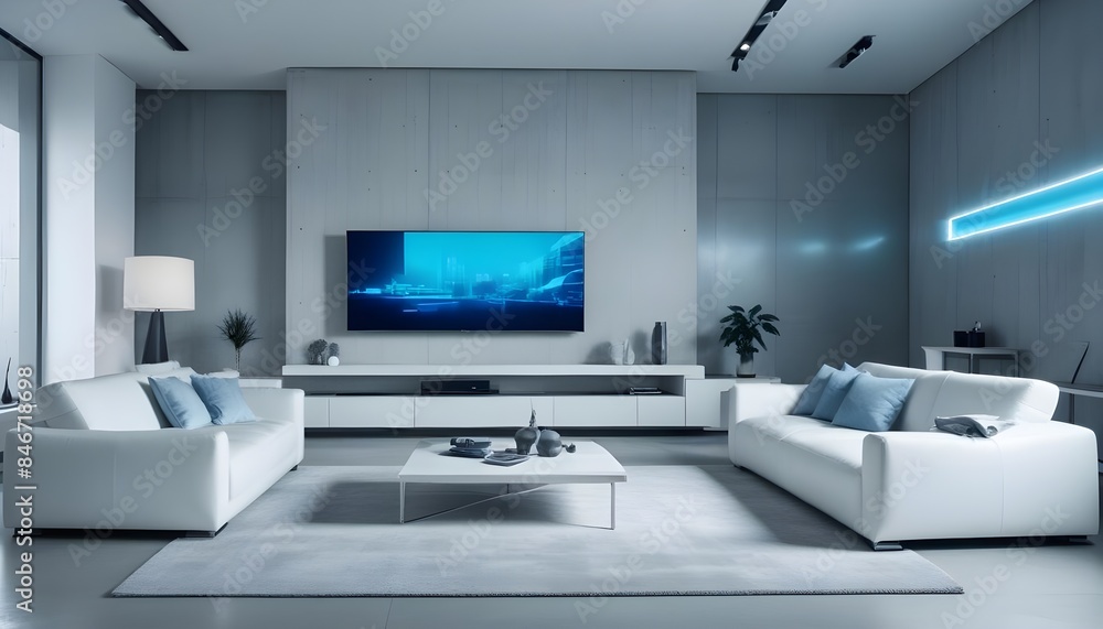 High end modern living room with white leather couch and a large flat screen tv mounted on the wall, brutalist architecture mixed with modern futuristic minimal design High end modern living room with white leather couch and a large flat screen tv mounted on the wall, brutalist architecture mixed with modern futuristic minimal design